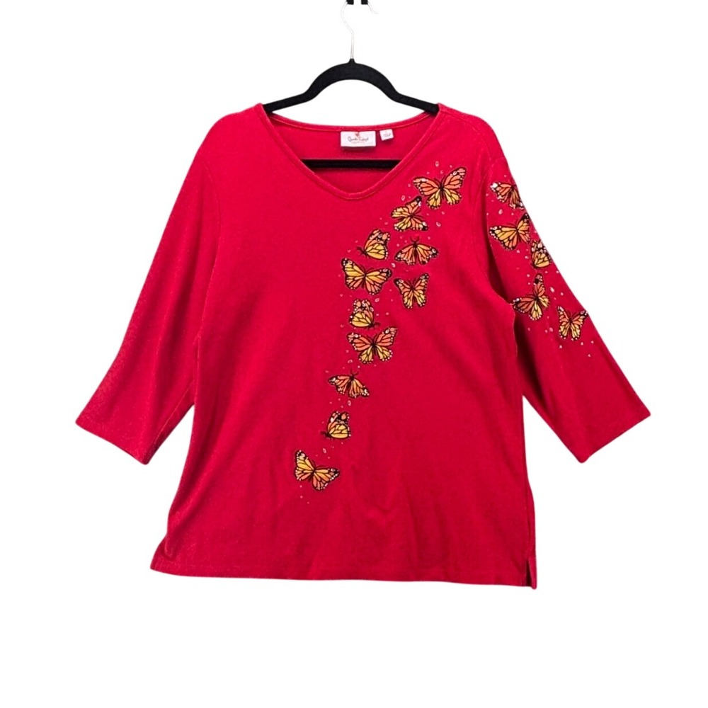 Quacker Factory Womens Shirt Size L 3/4 Sleeve Monarch Butterfly Rebirth Reborn